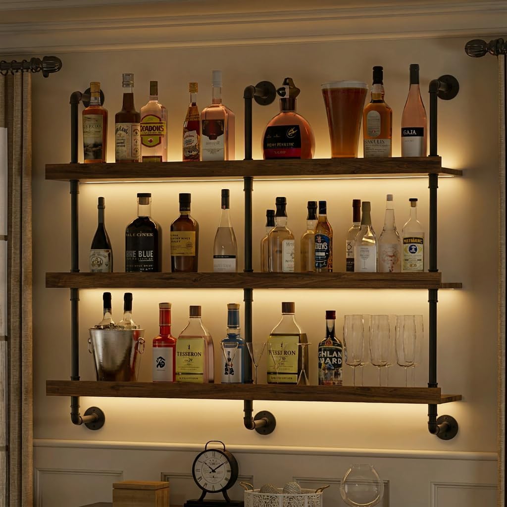Home Bar Shelves - Настенная винная полка с LED-подсветкой, трехуровневая